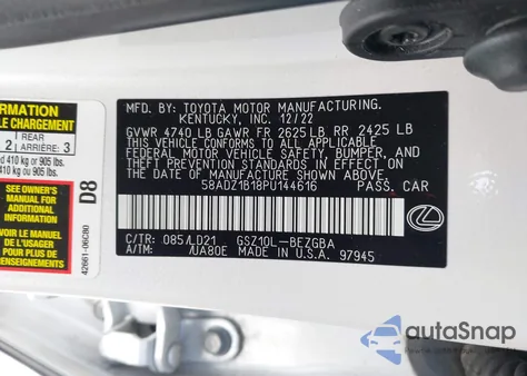 2023 Lexus Es 350 из США, поврежденный, VIN 58ADZ1B18PU144616